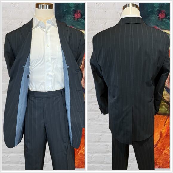 Vtg Boss Hugo Rossellini 48L 41x30 Blue with Ghost Banker's Stripe Suit 3/2 Roll - Picture 4 of 16